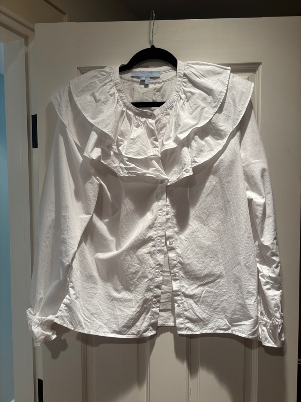 Hill House White Ruffle-Collar Button-Down Blouse